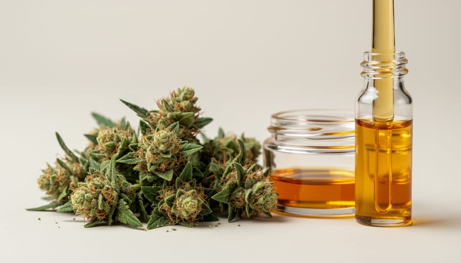 Cannabis buds and a glass vial of golden oil on a dark surface representing hemp-derived cannabinoid materials