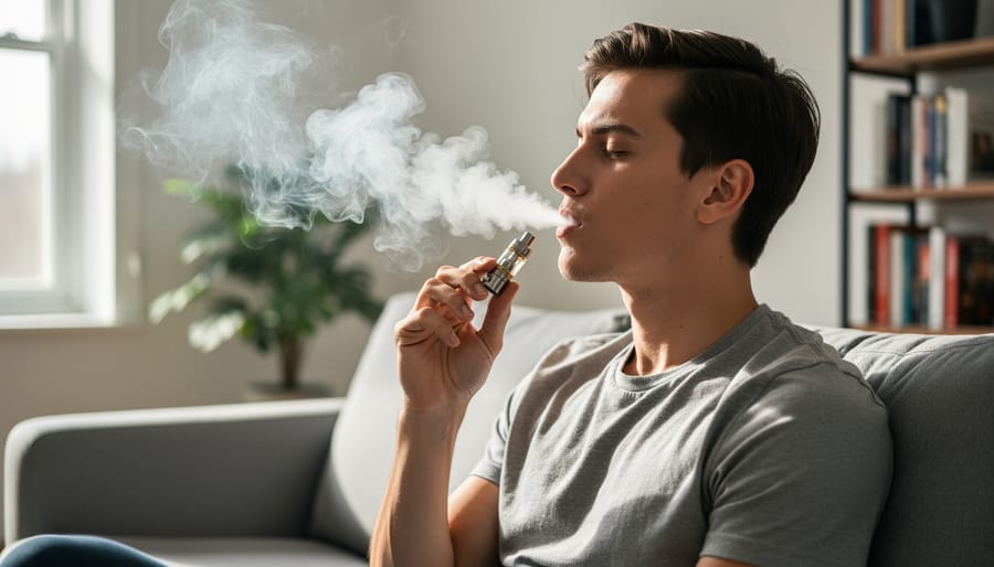 Close view of vapor from a disposable vape device with person’s hand in a dim indoor setting