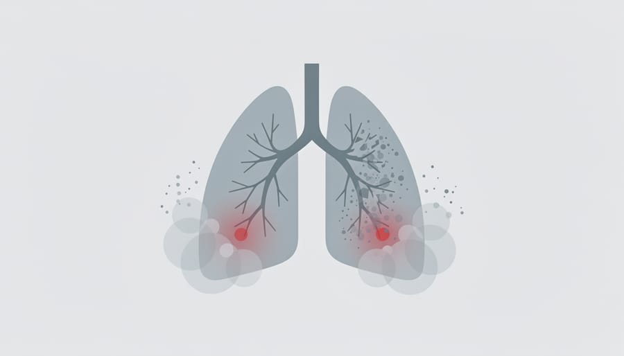 Conceptual image suggesting lung health concerns with translucent lung form and wilted green leaves