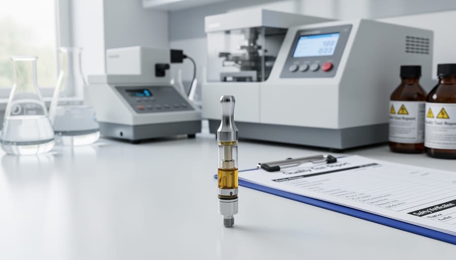 Hand holding a vape cartridge near a laboratory-style testing drawer to suggest product quality control context